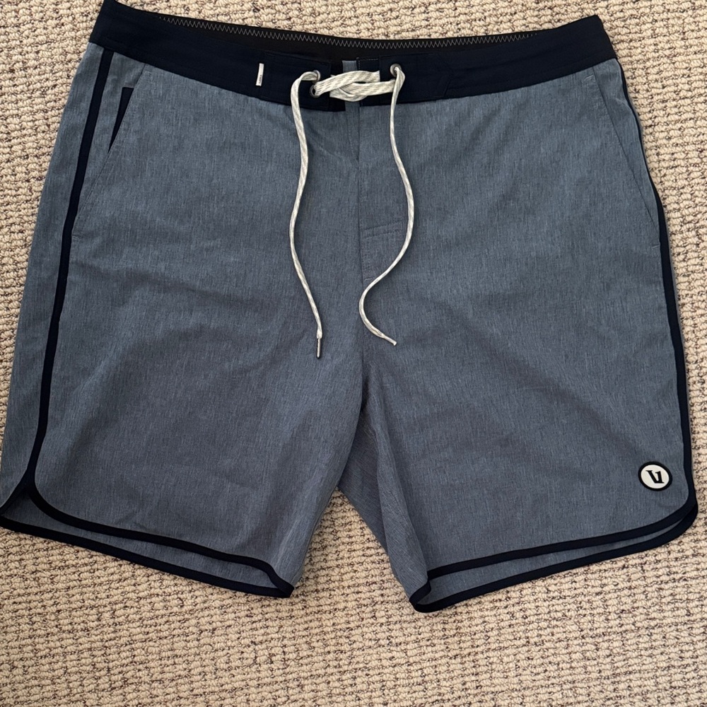 Vuori Gray-Blue Swim Board Shorts with Navy Trim
